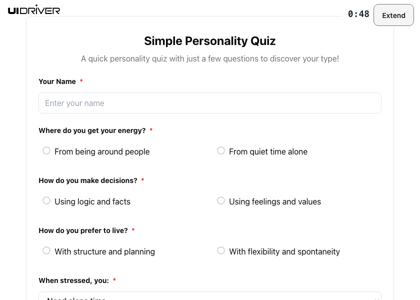 Form quiz component